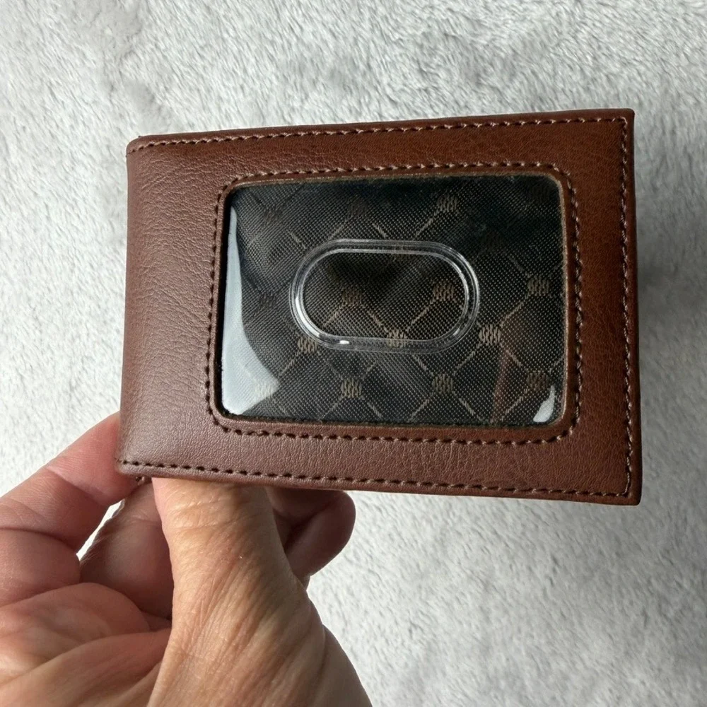 Perry Ellis Portfolio Magnetic Card Case Brown Genuine Leather Bifold Wallet Men